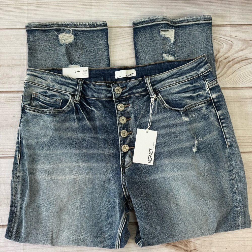 Vervet by Flying Monkey Haylie High Rise Acid Wash Distressed Ripped Knee Jeans